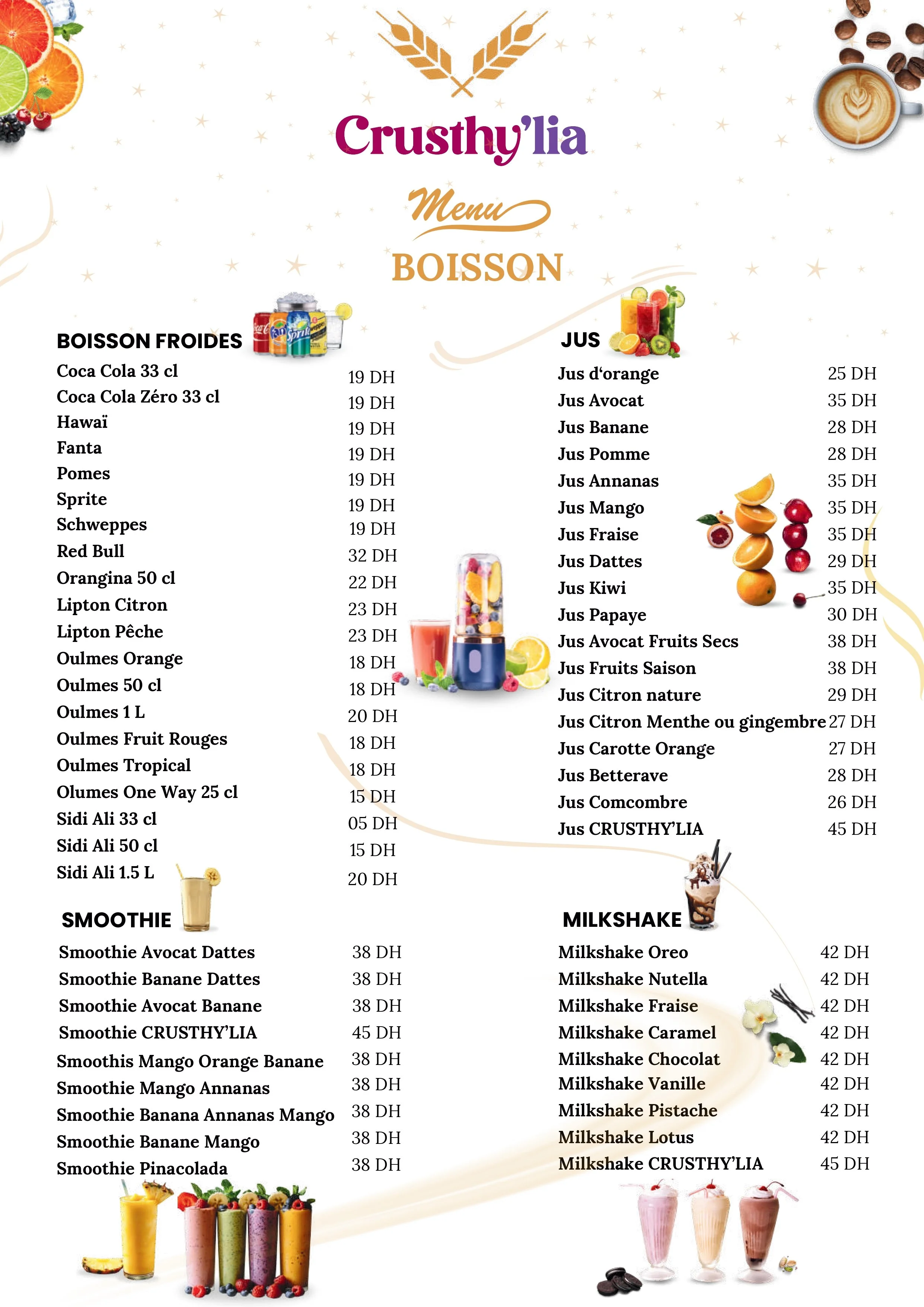 Menu de boissons de Crusthy'lia avec options de sodas, jus, smoothies et milkshakes, accompagnés de photos de fruits, boissons et café.