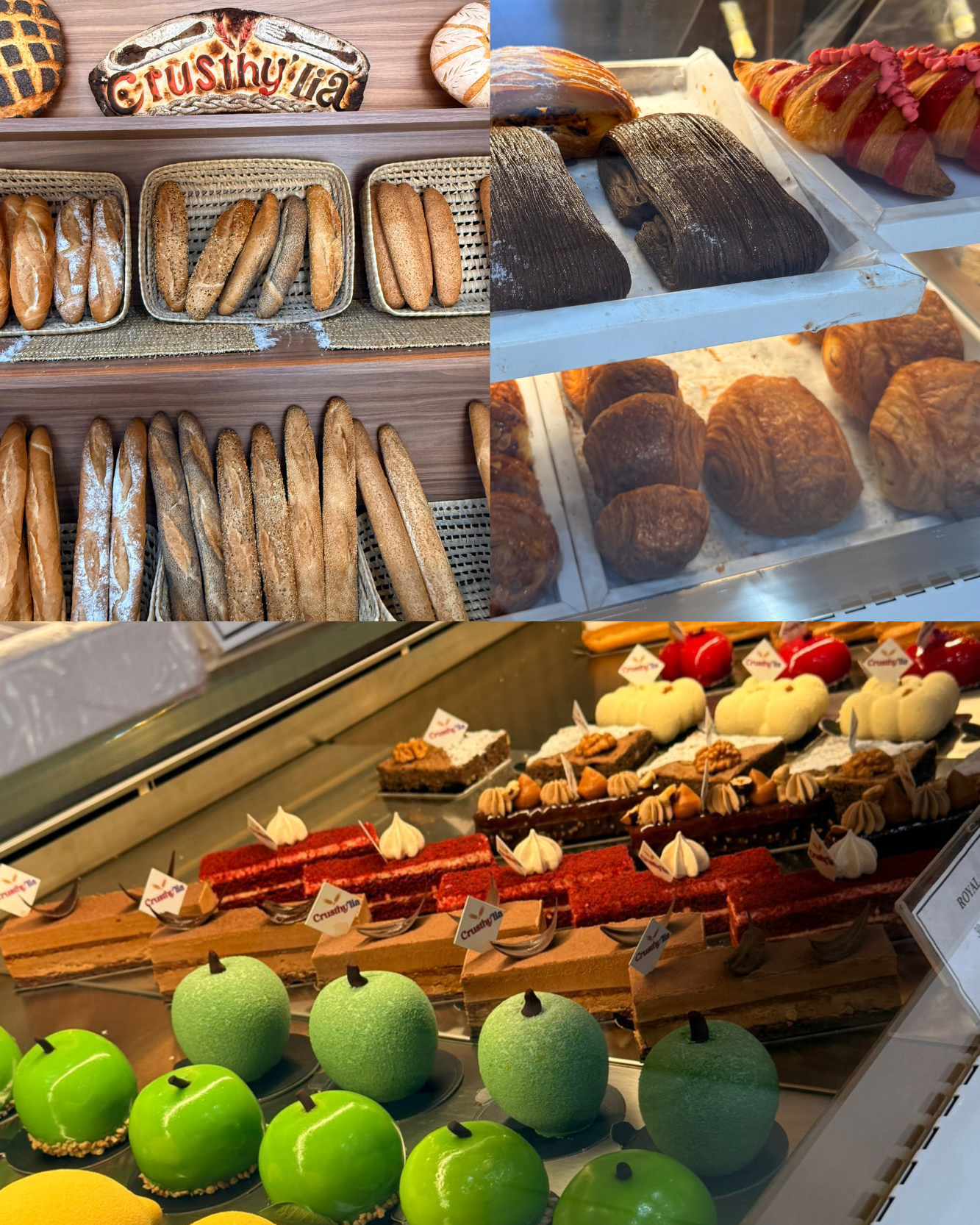 Vitrine de pains, viennoiseries, pâtisseries, et desserts dans une pâtisserie.