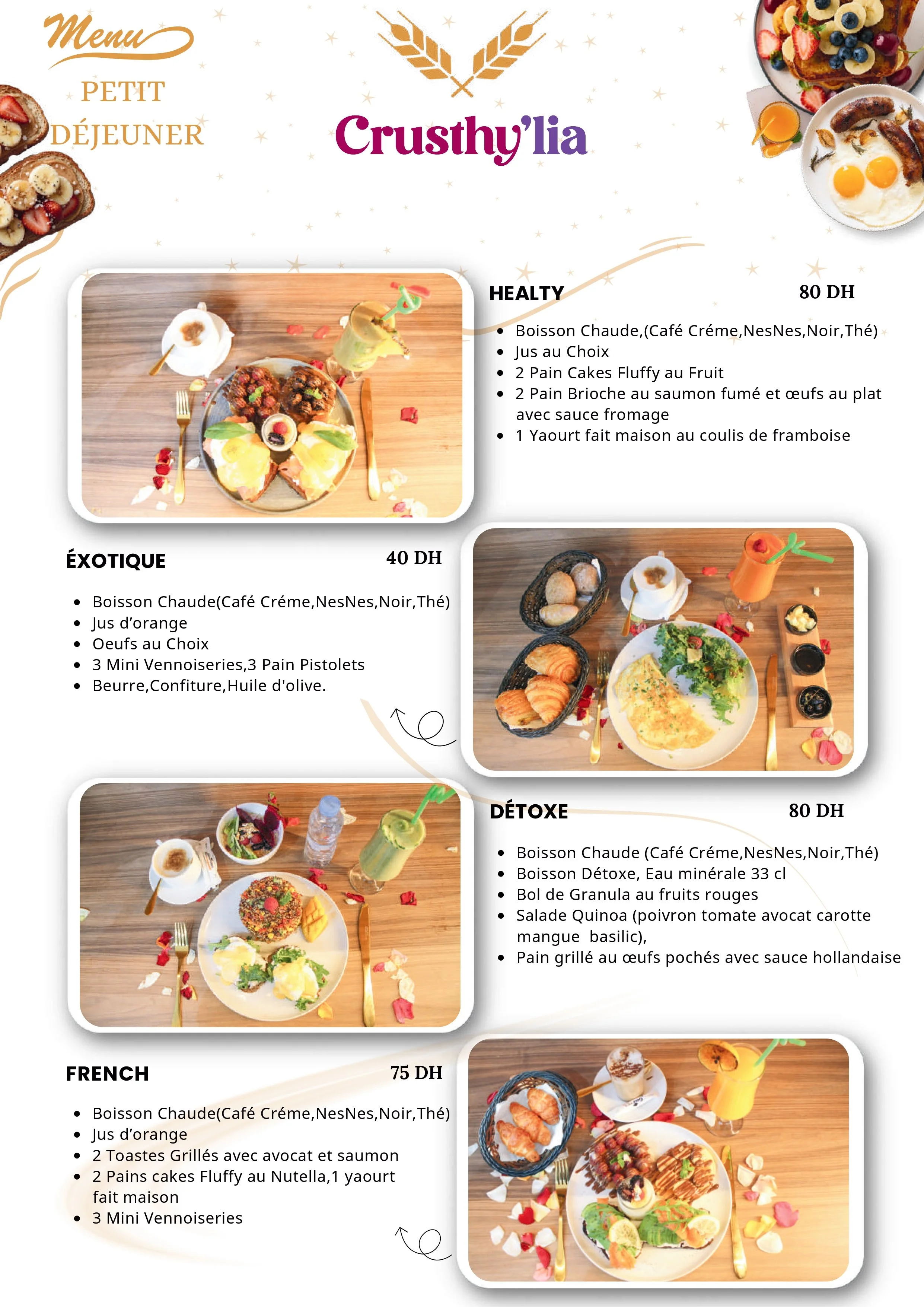 Menus petit déjeuner avec différentes options : HEALTY, ÉXOTIQUE, DÉTOX, FRENCH, comprenant des plats comme œufs, pain, smoothies, salades, toasts et desserts, avec des boissons chaudes, jus, thé et eaux minérales, présentés sur des tables en bois av