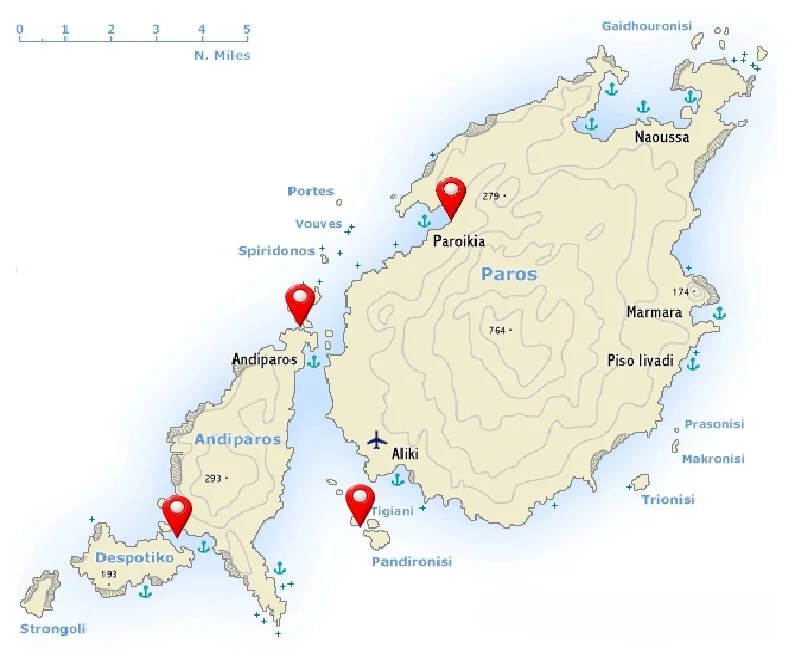 A map of the island of Paros, Antiparos, and Despotiko in Greece, with four marked locations indicated by red pins.