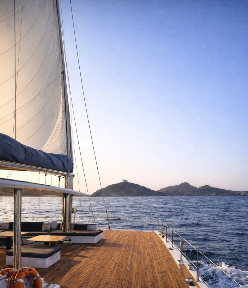 View from a catamaran deck looking towards Paros.
