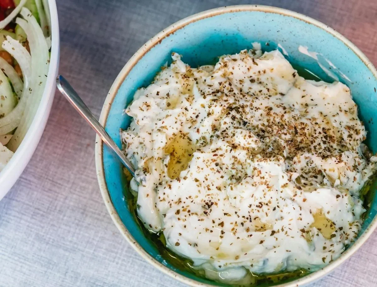 Bowl of tzatziki sauce.