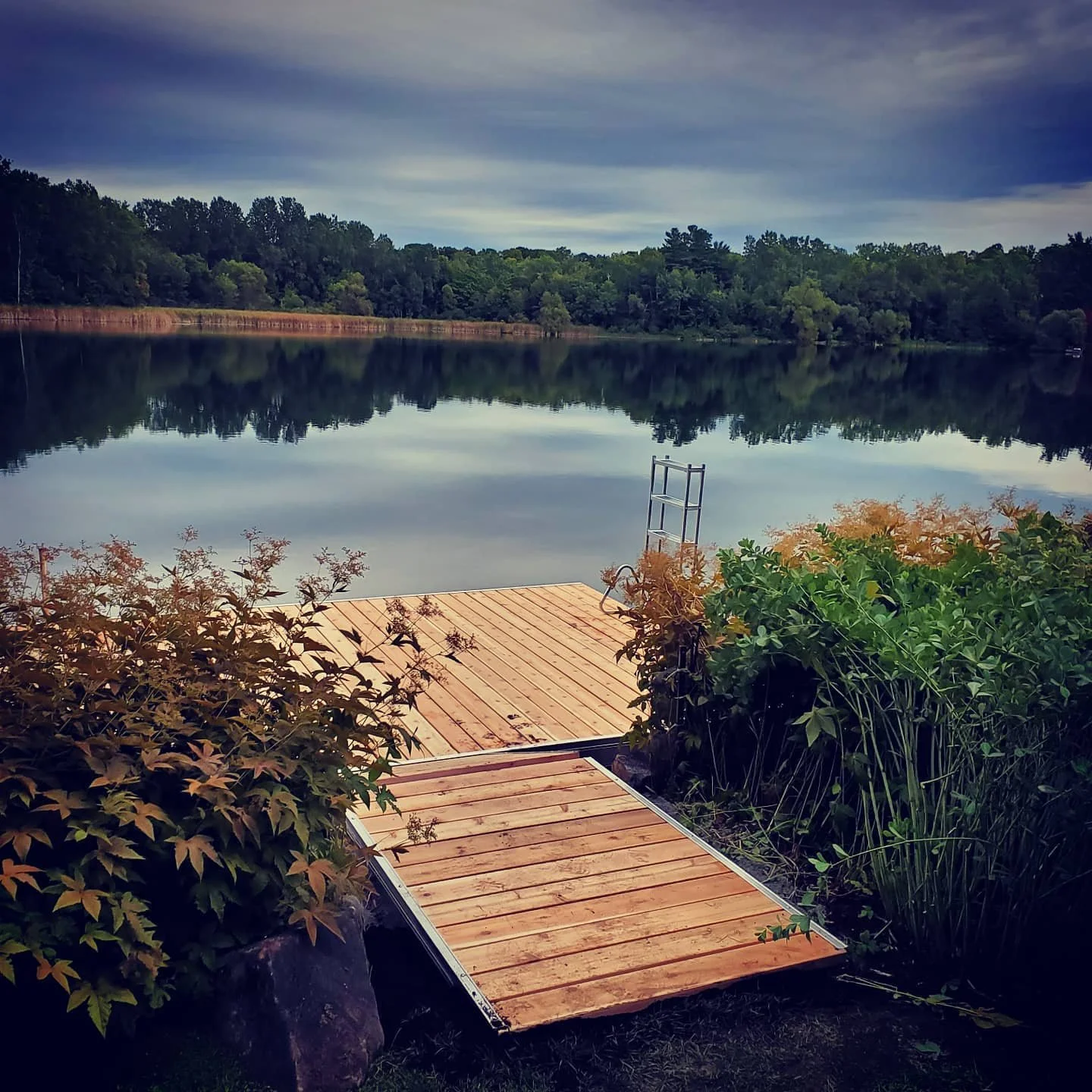 A wooden dock extends into a calm lake, surrounded by lush greenery, with a ladder at the end of the dock and trees reflecting on the water under a cloudy sky.