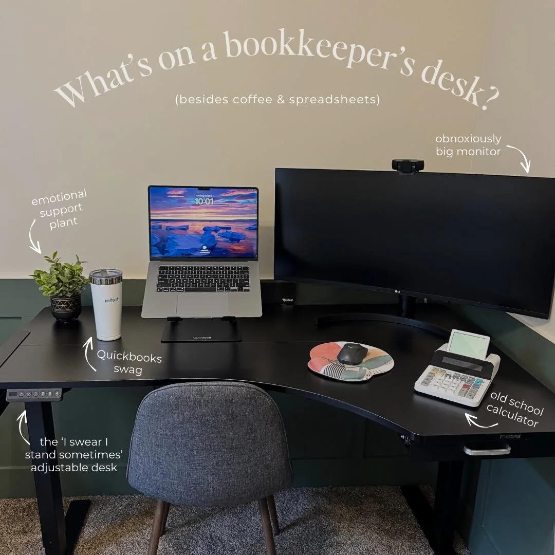 Welcome to my workspace: where the numbers make sense and the posture&hellip; does not. 😆

✨ Oversized second monitor&hellip; because spreadsheets deserve room to breathe
✨ QuickBooks swag&hellip; a reminder of battles I&rsquo;ve survived
✨ 10-key c