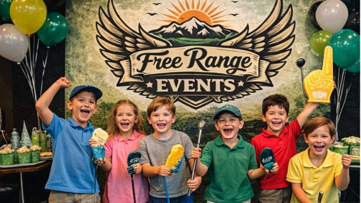 Group of children celebrating at an outdoor-themed party with balloons and a banner reading 'Free Range Events' featuring mountains and a sunrise