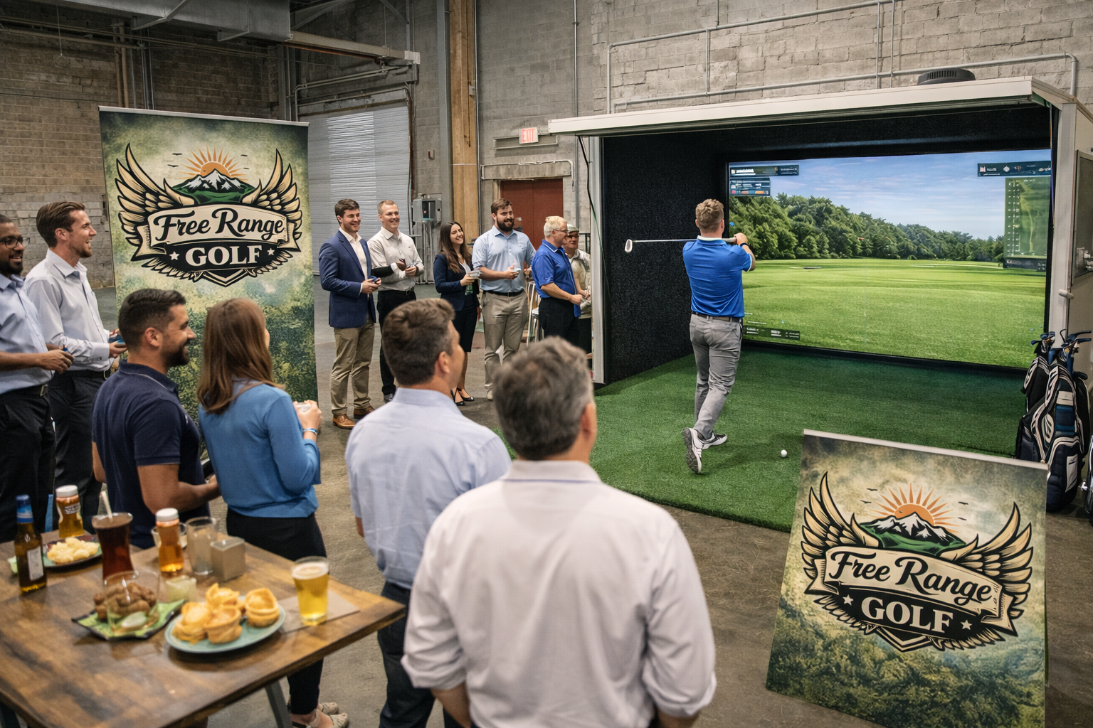 A group of people gathered inside a warehouse for a golf simulation event. A man in a blue shirt is swinging a virtual golf club at a large screen showing a golf course. There are tables with snacks and drinks, and banners with the 'Free Range Golf' logo.