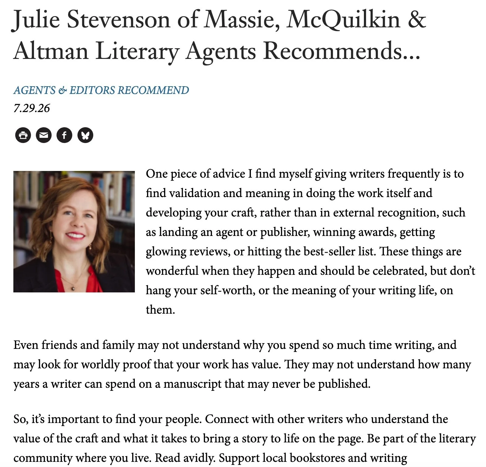 Many thanks to @poetswritersinc for inviting me to contribute to their &ldquo;Agents &amp; Editors Recommend&rdquo; column. As a literary agent who is restarting her own creative writing life, I&rsquo;m trying to follow my own advice to focus on the 