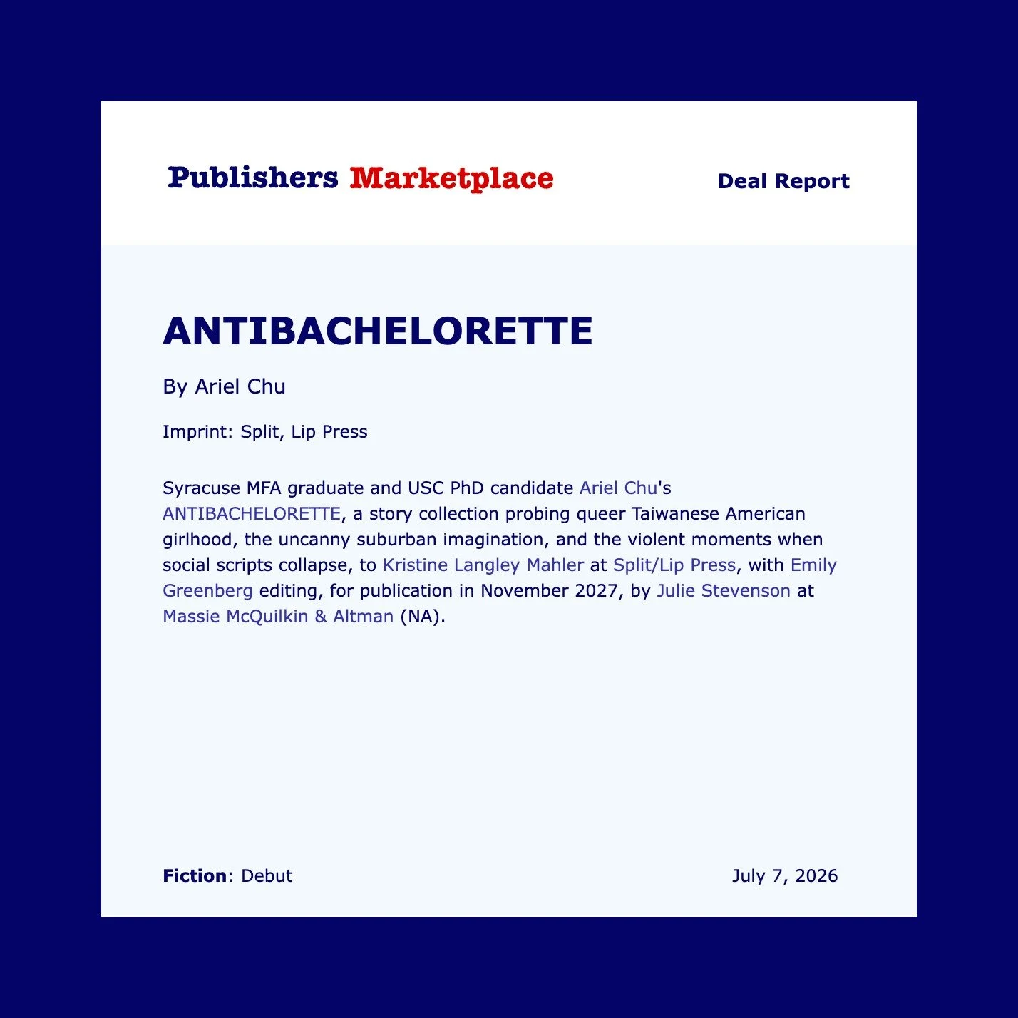 I've been offline for a while because of summer and a much-needed recharge, but I'm back, and I'm so excited to share this deal announcement for the brilliant Ariel Chu's @spindly.waif forthcoming story collection ANTIBACHELORETTE with @splitlippress