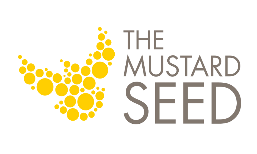 Logo for The Mustard Seed featuring a stylized mustard seed outline made of yellow circles and the text 'The Mustard Seed' beside it.
