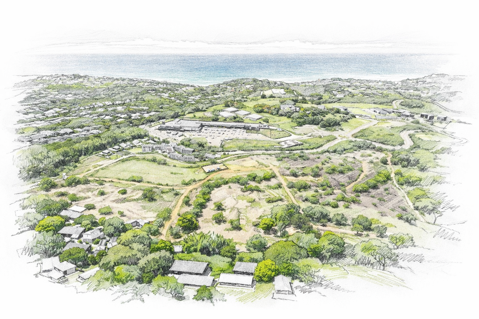 A watercolor-style painting of a coastal landscape with a golf course, residential houses, and the ocean in the background.