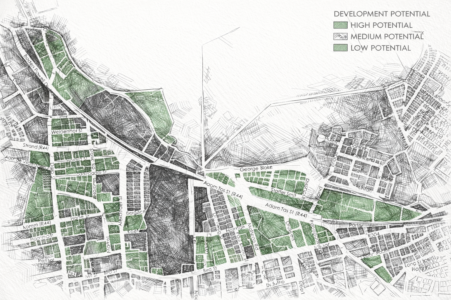 Map showing development potential areas in various neighborhoods with green indicates high potential, black indicates medium potential, and gray indicates low potential.