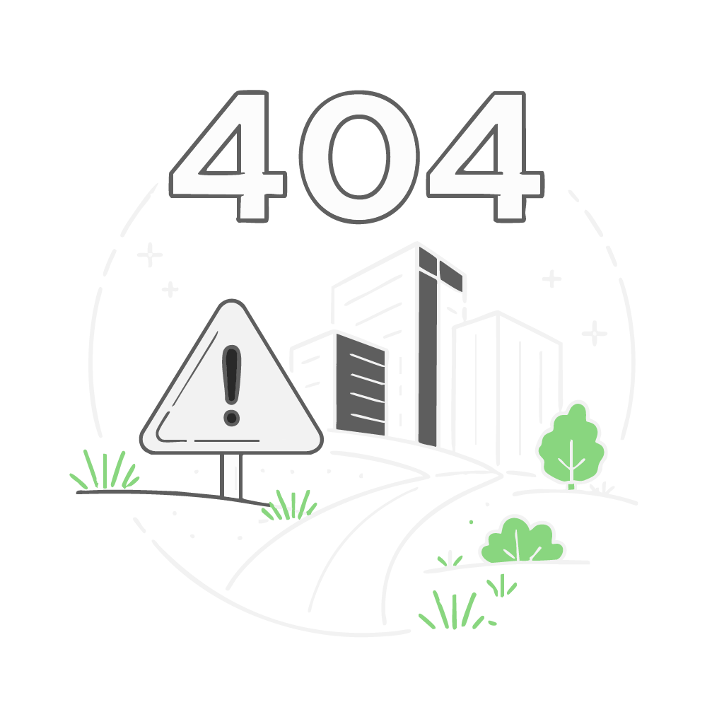 Illustration of a cityscape with buildings, a warning sign with an exclamation mark, and the number 404 indicating a page not found error, on a black background with green plants.