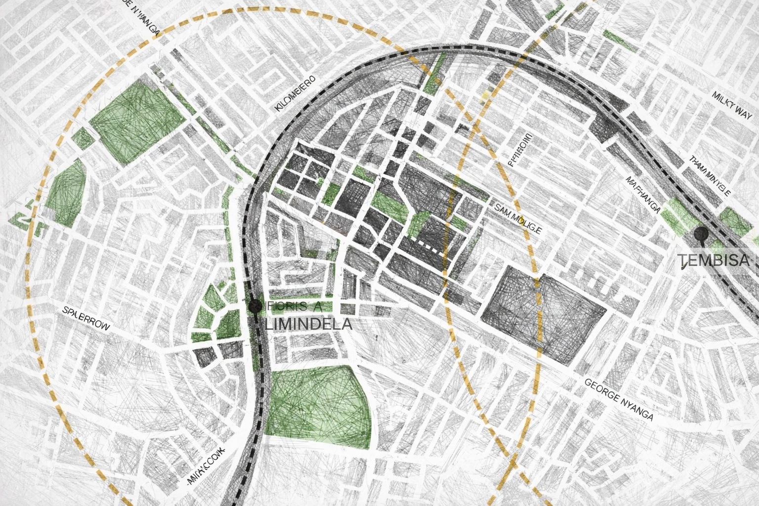 Map of an urban area highlighting roads, parks, and neighborhoods with labels, featuring black, green, and yellow lines.