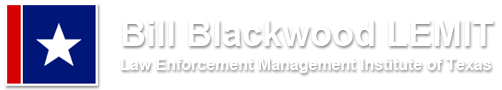 Banner with a blue background and a white star, featuring the text 'Bill Blackwood LEMIT Law Enforcement Management Institute of Texas'.