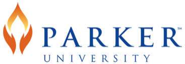 Parker University logo with flame symbol and text