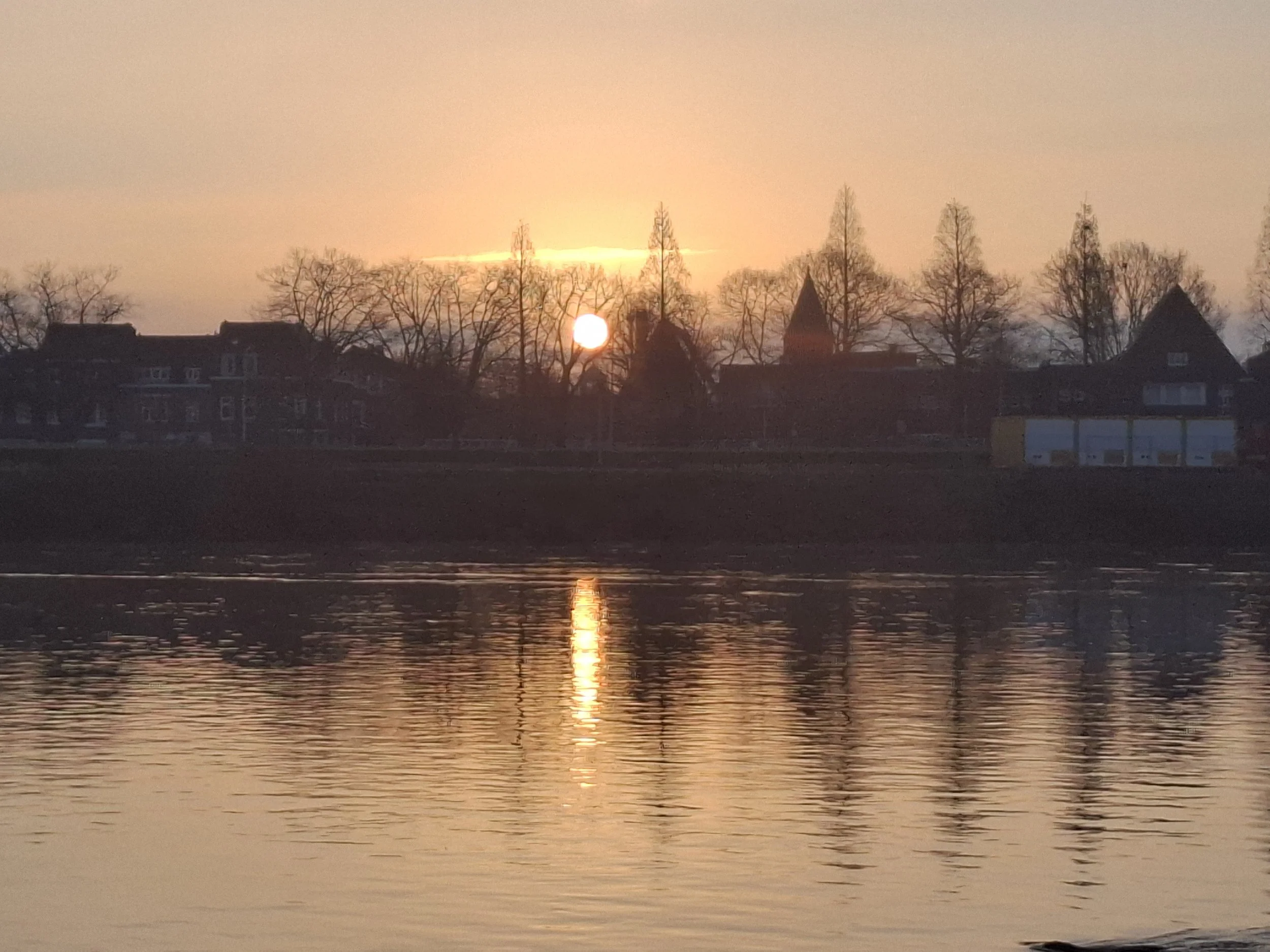 A sunset over a body of water with silhouettes of houses and leafless trees.