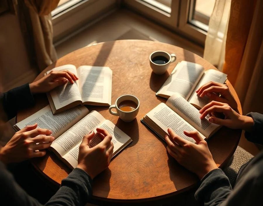 Four people sitting around a round wooden table, each reading a book. There are two cups of coffee on the table and sunlight coming through a window with curtains.