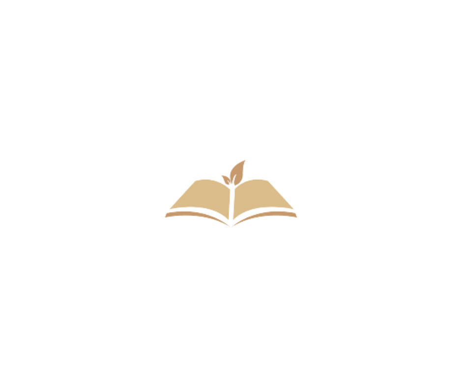A stylized logo of an open book with a leaf growing from its pages, in beige color on a white background.