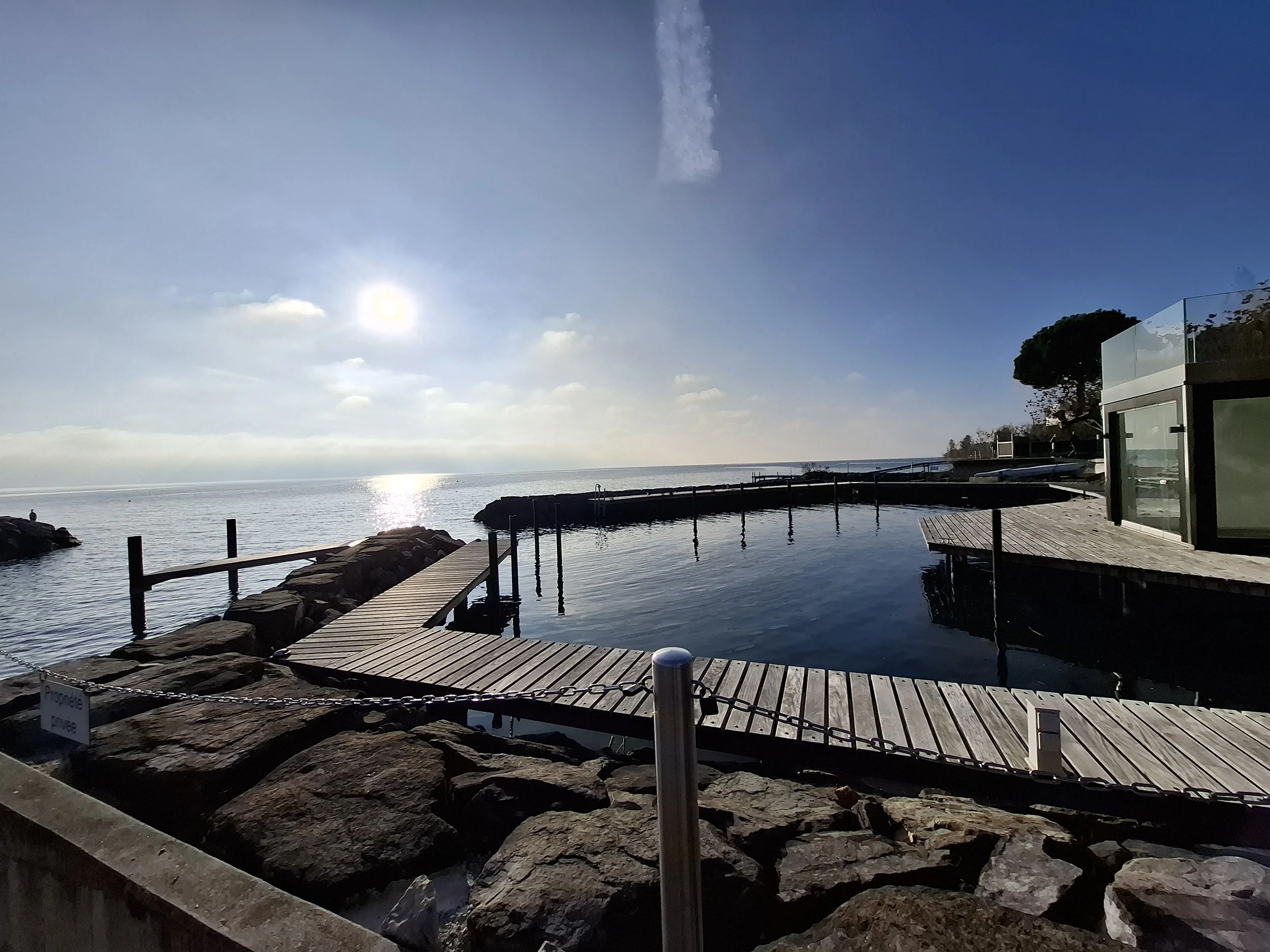 Sun shining over a calm body of water with a wooden pier and rocks along the shoreline, a modern glass building, and a tree on the right.