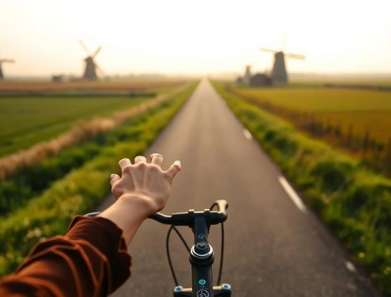 A person riding a bicycle on a rural road with windmills in the distance and fields on either side during sunset or sunrise.