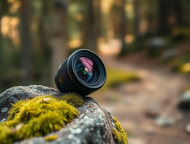 Camera lens resting on moss-covered rock in a forest setting with blurred trees in the background.