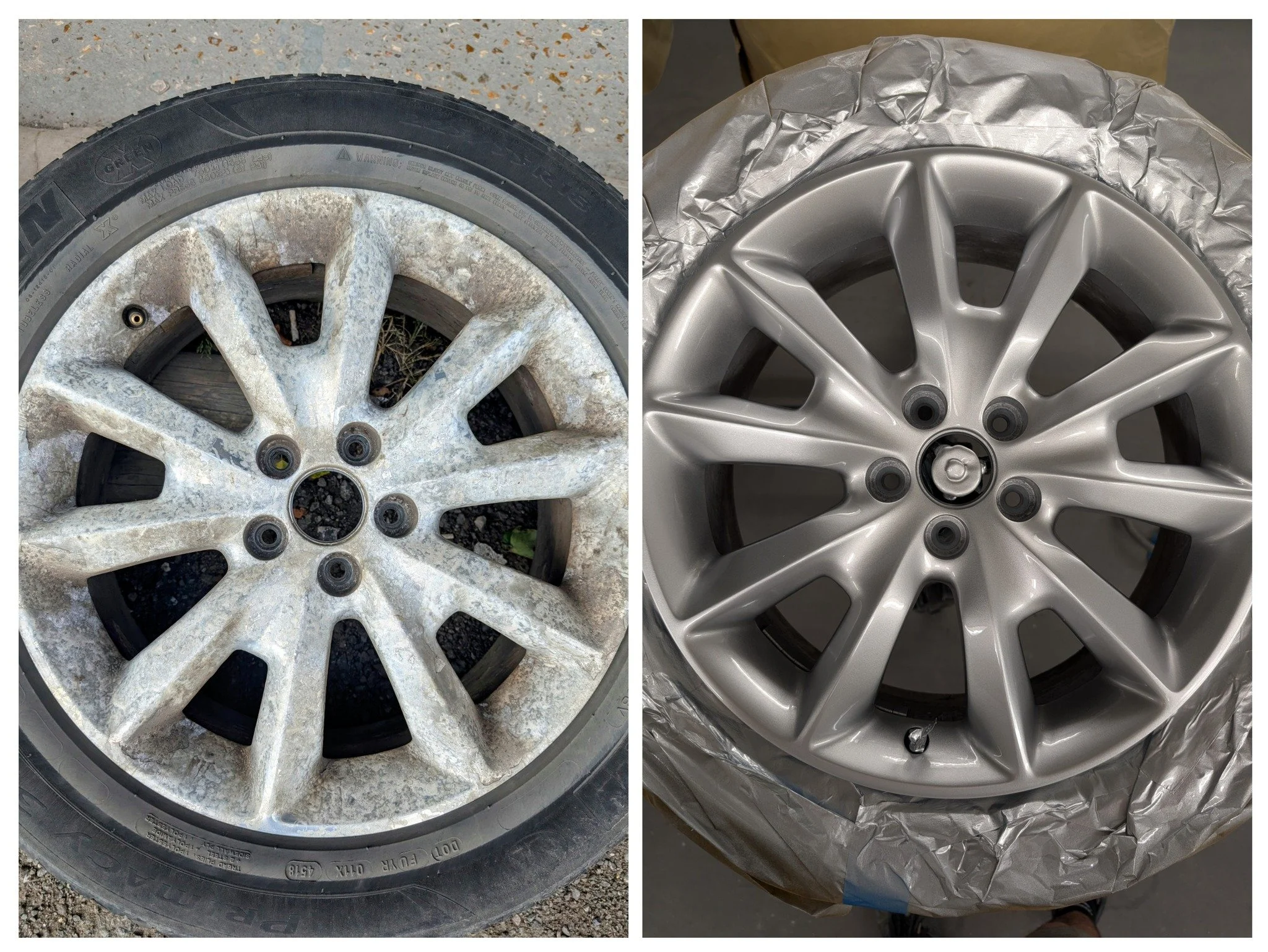 Comparison of car wheels, one old and dirty on the left, one new and clean on the right.