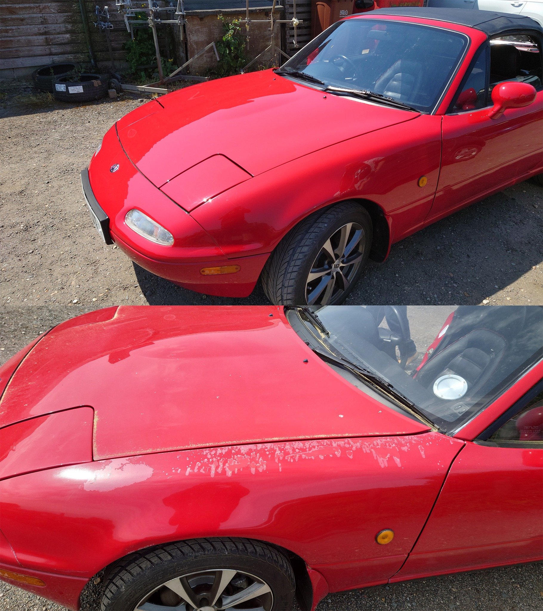 Comparison of two red sports cars, with the top car clean and shiny while the bottom car shows paint peeling and surface rust.