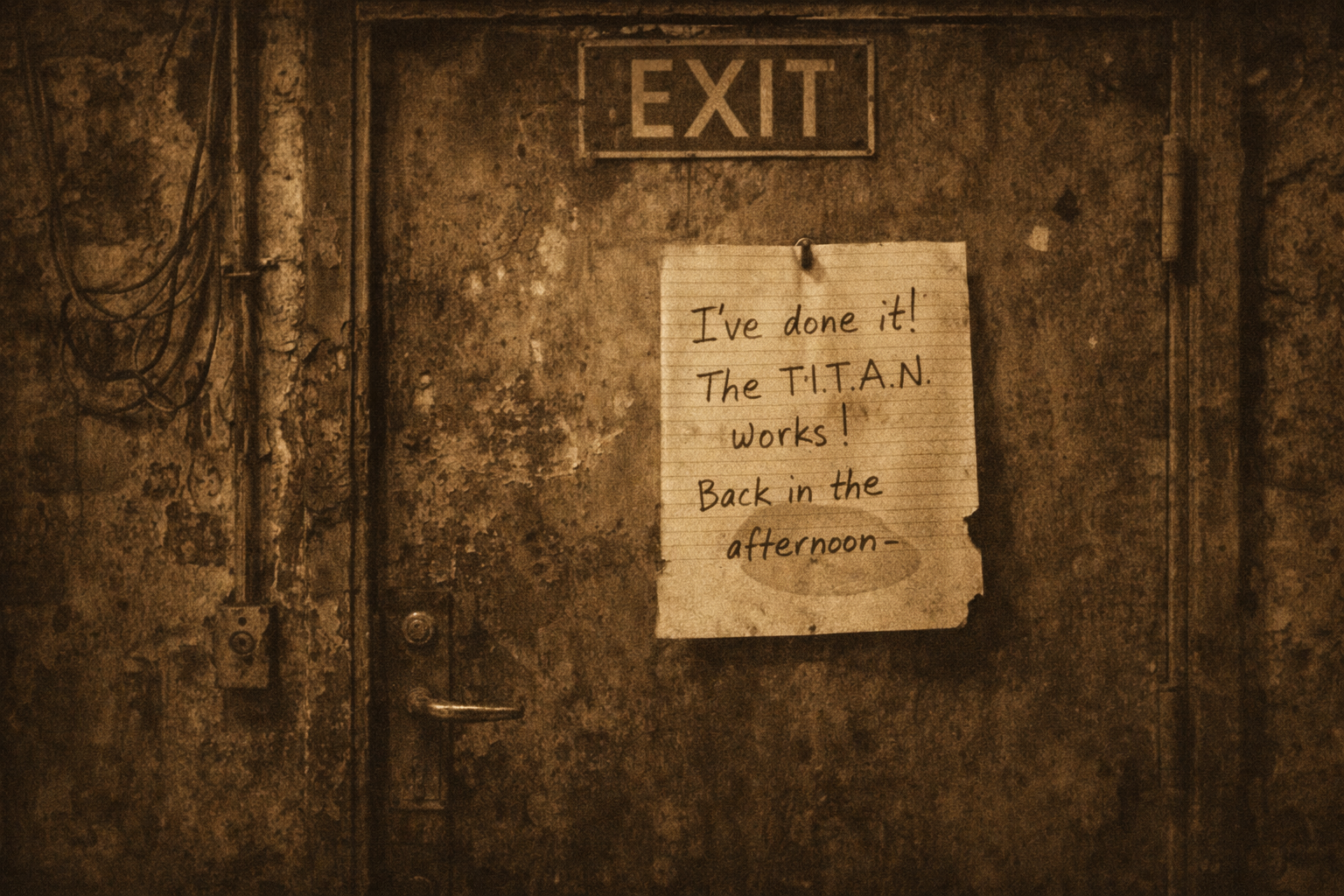 A metal door with an Exit sign and a handwritten note taped to it, stating that Erastus Calculus  has completed the task and the Titan works.