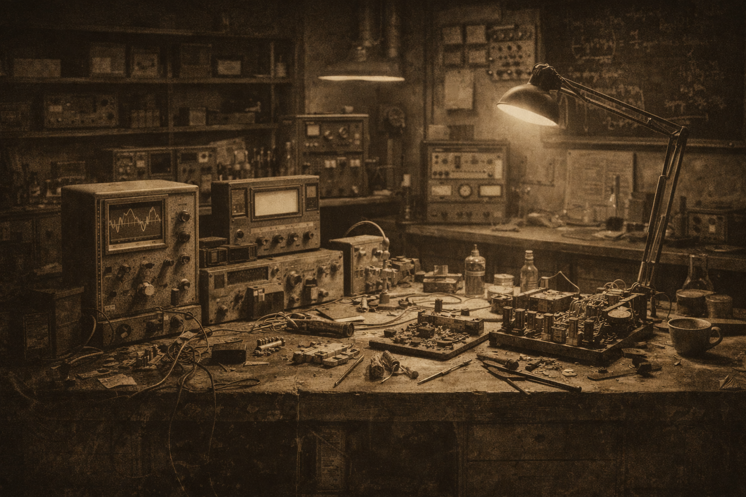 A cluttered and dusty electronics workbench in the Erastus Calculus workshop, with various vintage electronic equipment, tools, wires, and bottles scattered across the surface. There is a desk lamp providing warm lighting.