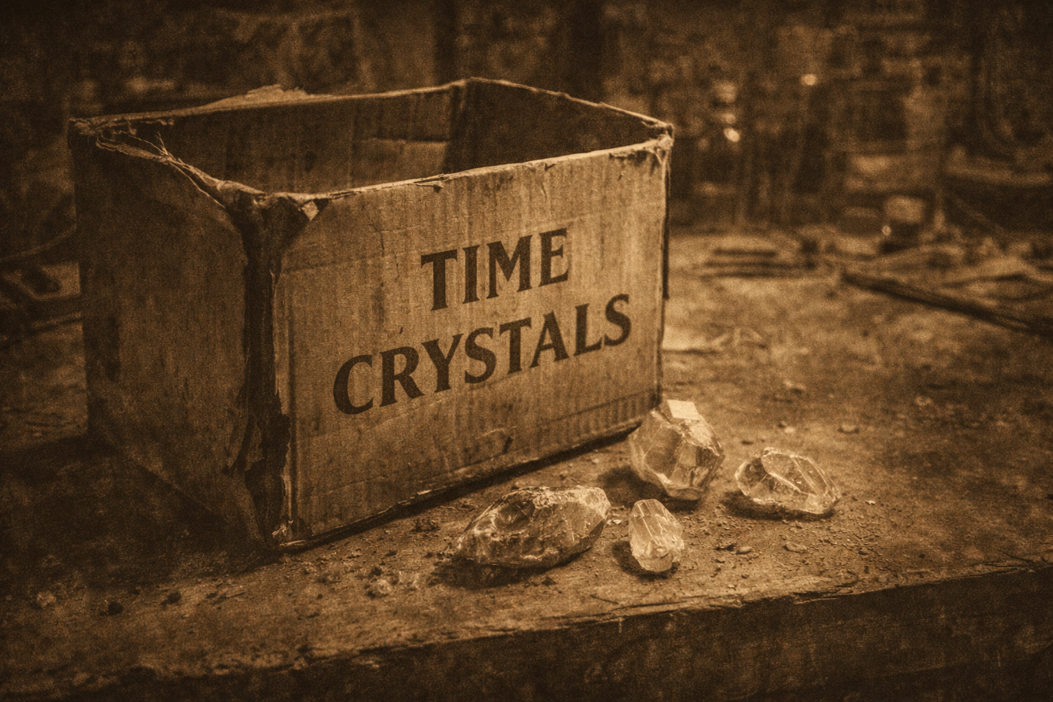 A worn cardboard box labeled 'TIME CRYSTALS' sits on a dusty, aged wooden surface with several translucent, irregularly shaped crystals scattered around it. These are key to the research of Erastus Calculus