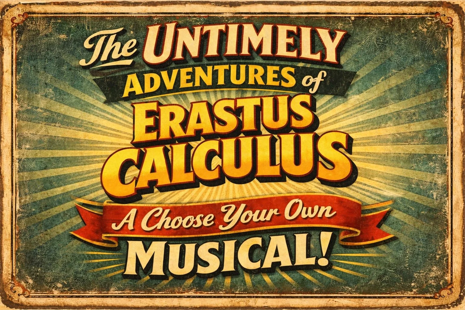 A vintage sign promoting the Unimely Adventures of Erastus Calculus with a retro style background and bold lettering.