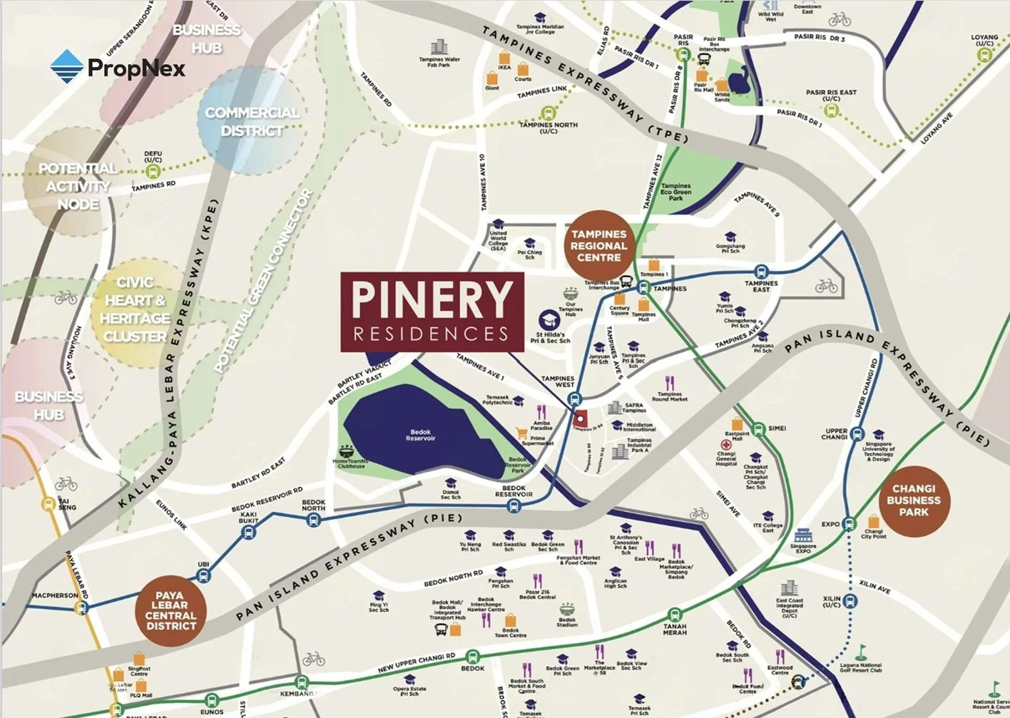 Map of the Tampines area showing regional center, business hubs, parks, schools, and transportation routes.