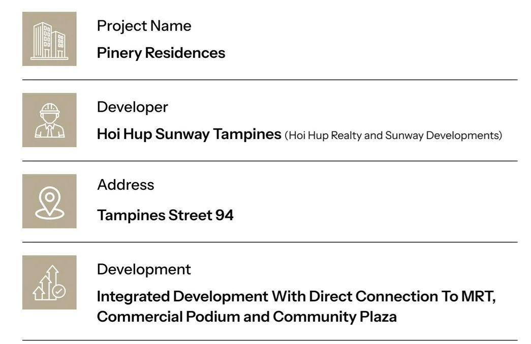 Project details for Pinery Residences development: developer Hoi Hup Sunway Tampines, located at Tampines Street 94, featuring integrated development connected to MRT, commercial podium, and community plaza.