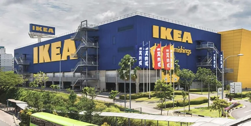 Exterior of an IKEA store with a blue facade, large yellow signs, and flags with brand logos, surrounded by trees and green landscaping.