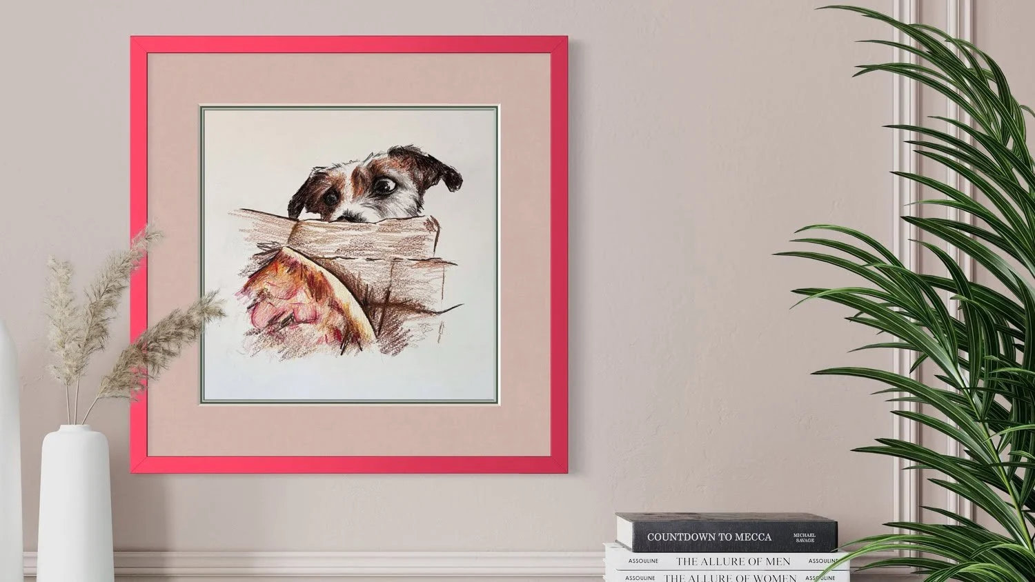 Framed custom dog portrait in modern home interior