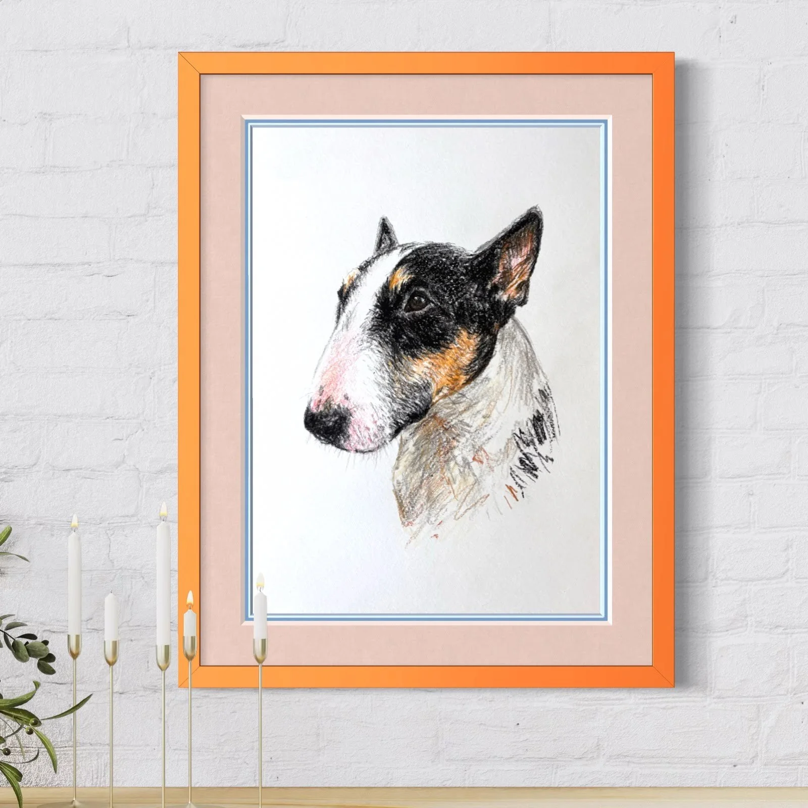 Framed bull terrier drawing on wall in modern home close up
