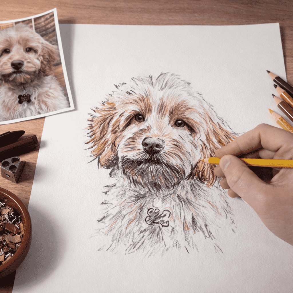 Hand drawn cockapoo pet portrait of Maverick created from a reference photo using coloured pencil and wax crayon