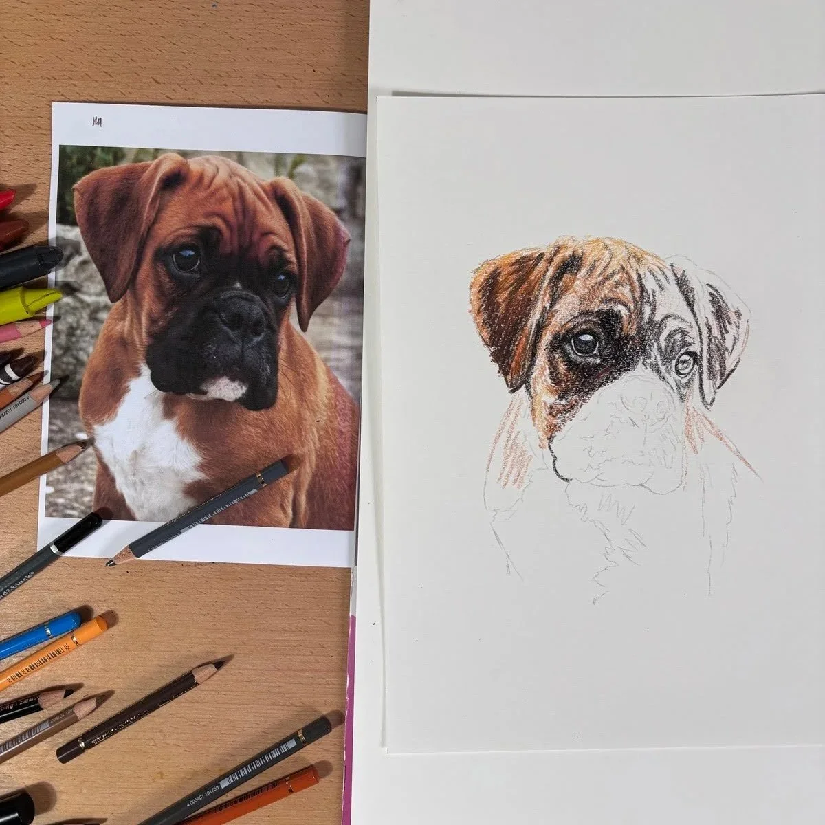 Boxer dog portrait in progress using coloured pencil