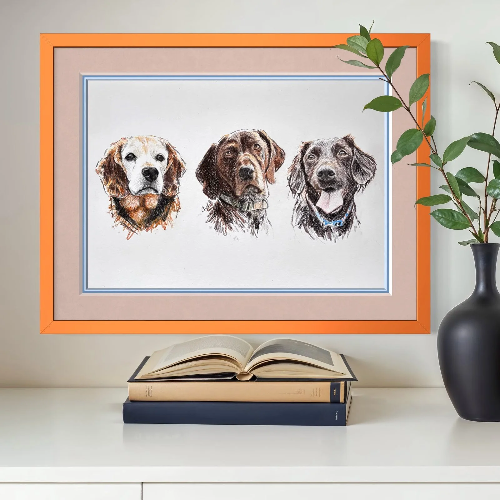 Framed pet portrait of three dogs on wall