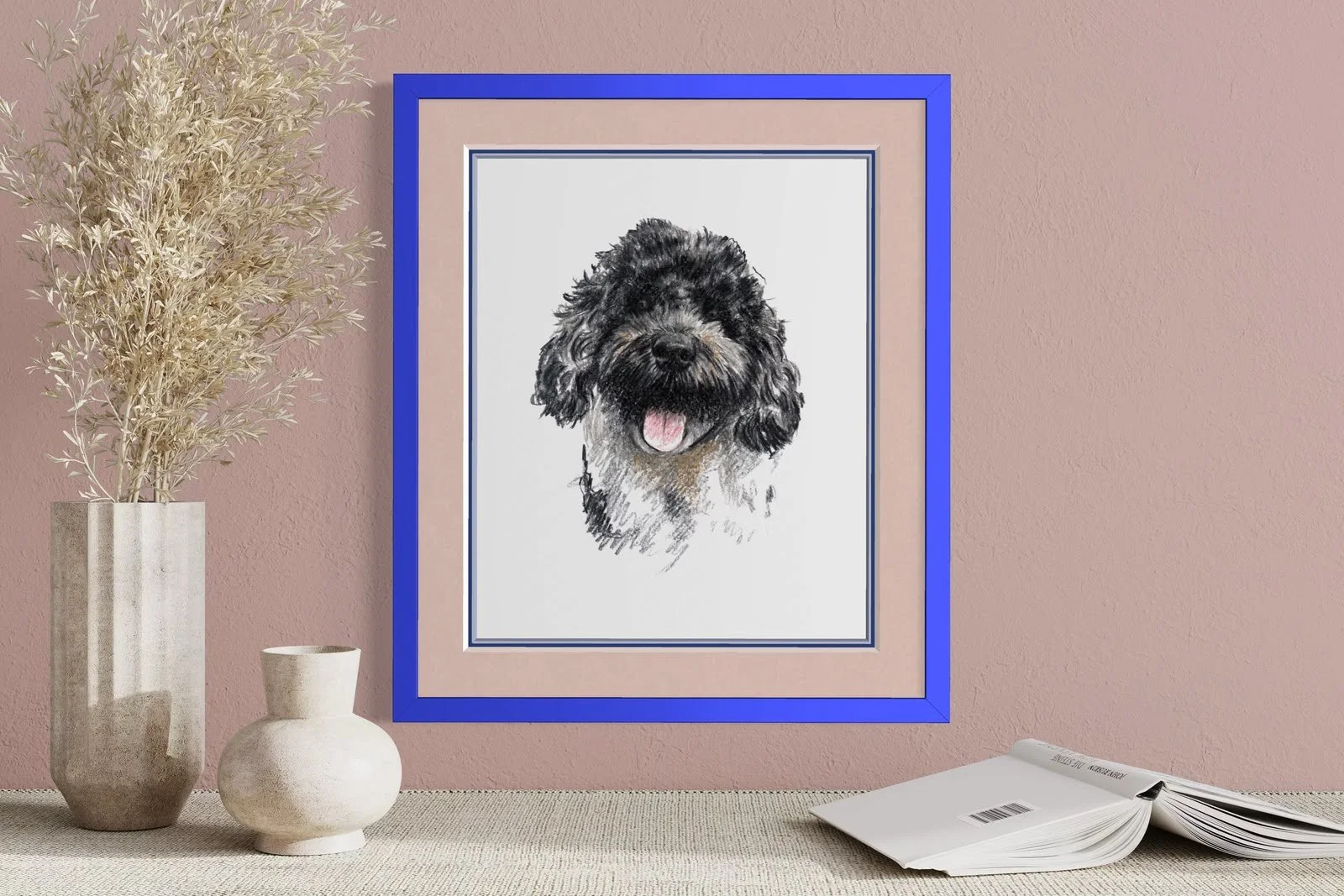 Framed hand drawn cockapoo portrait on wall in modern home