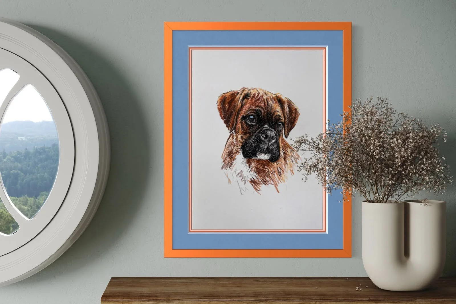 Framed boxer dog drawing on wall in modern home