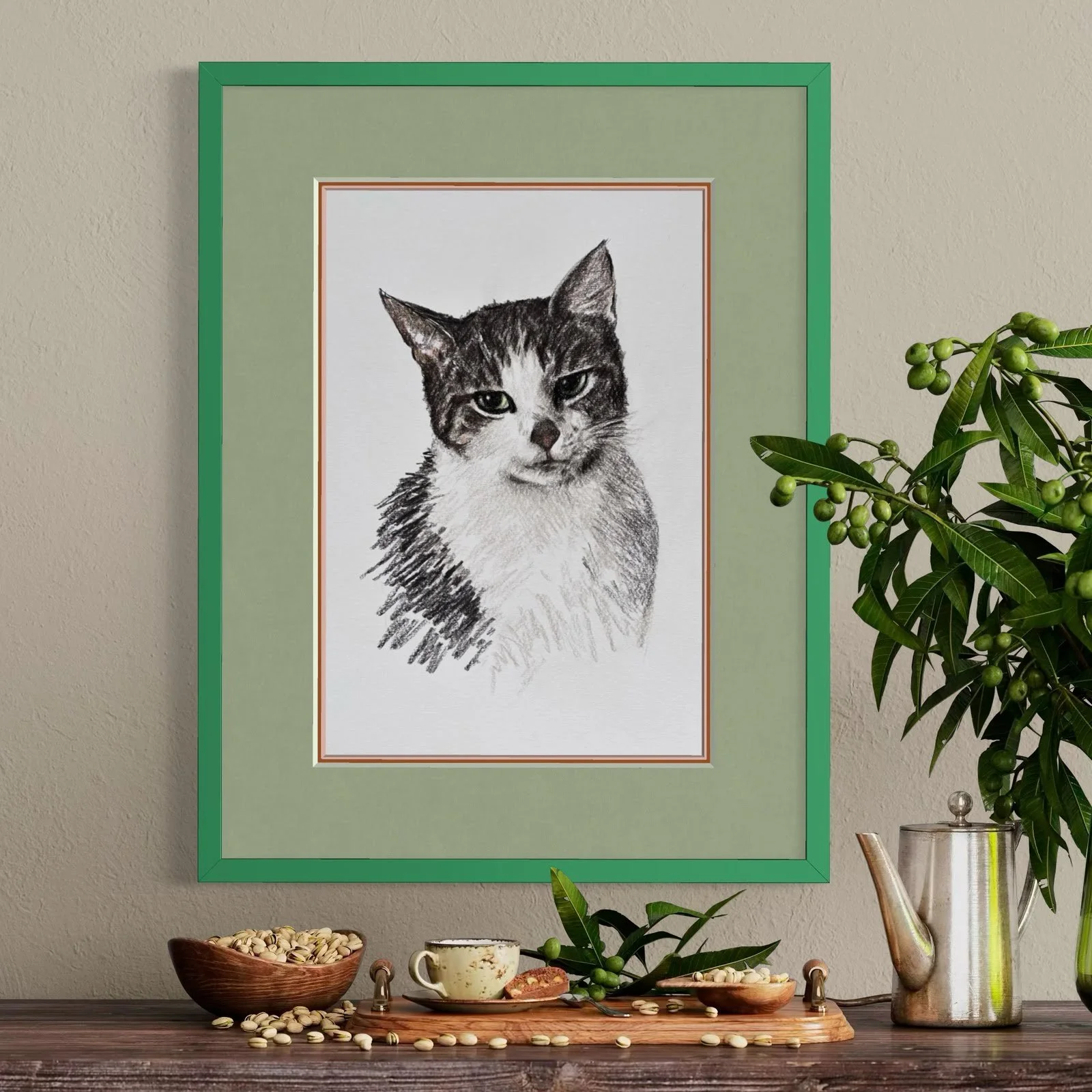 Framed cat drawing on wall in modern home close up