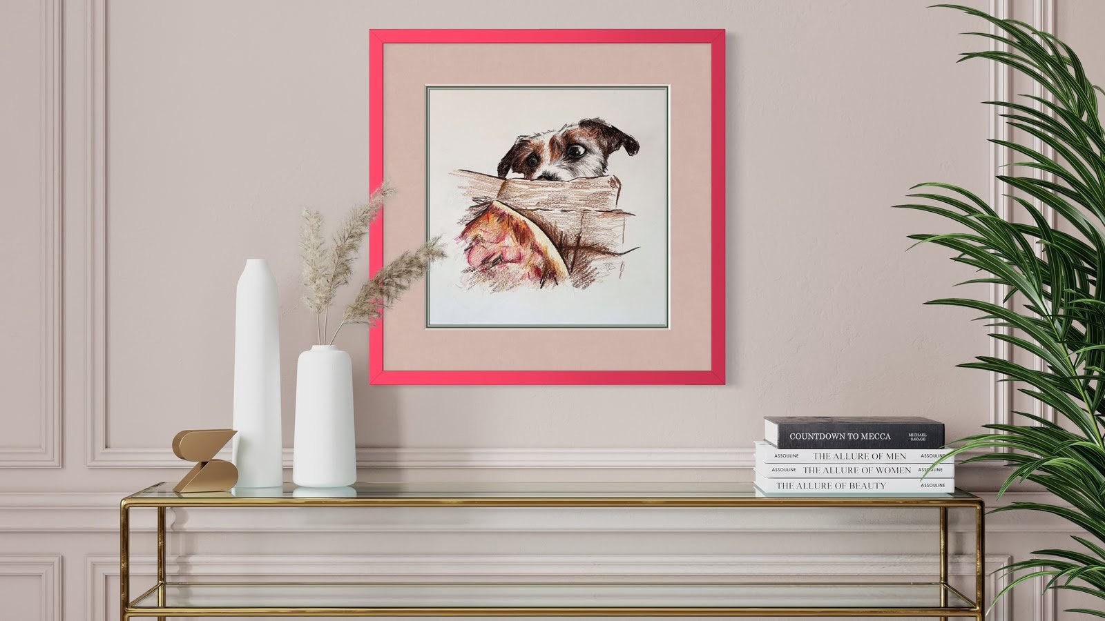 Framed custom pet portrait of parson russell on modern wall