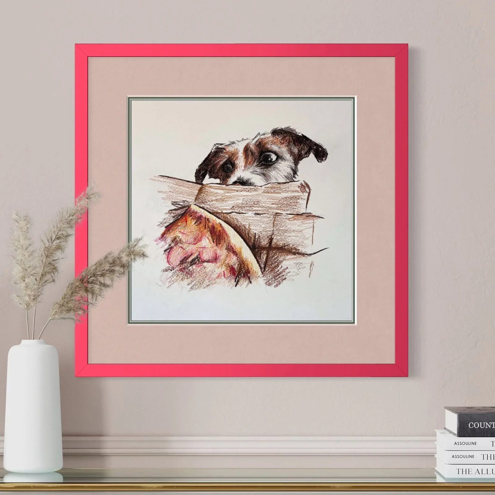 Framed custom pet portrait of parson russell on modern wall close up