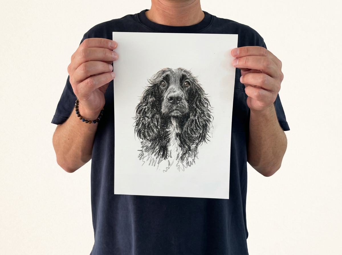 Artist holding up custom pet portrait of cocker spaniel