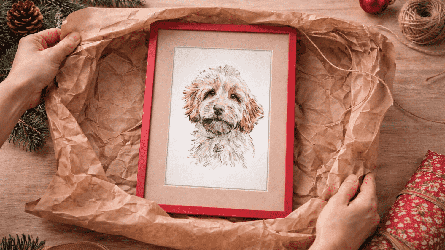 Framed hand-drawn pet portrait gift idea for pet lover