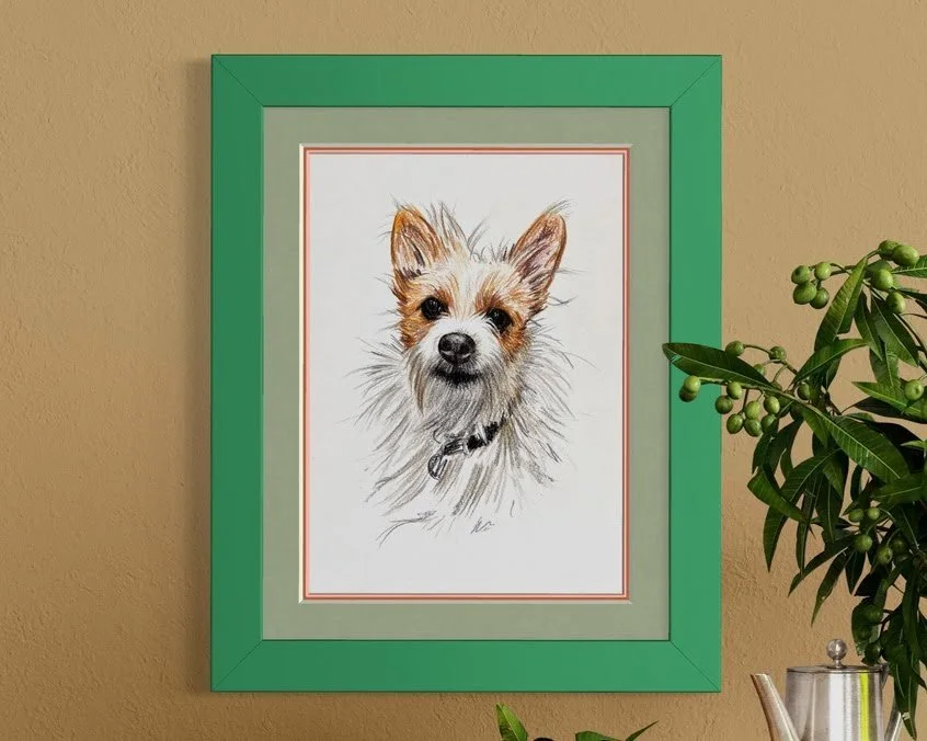Modern hand-drawn dog portrait in coloured pencil framed in a contemporary home