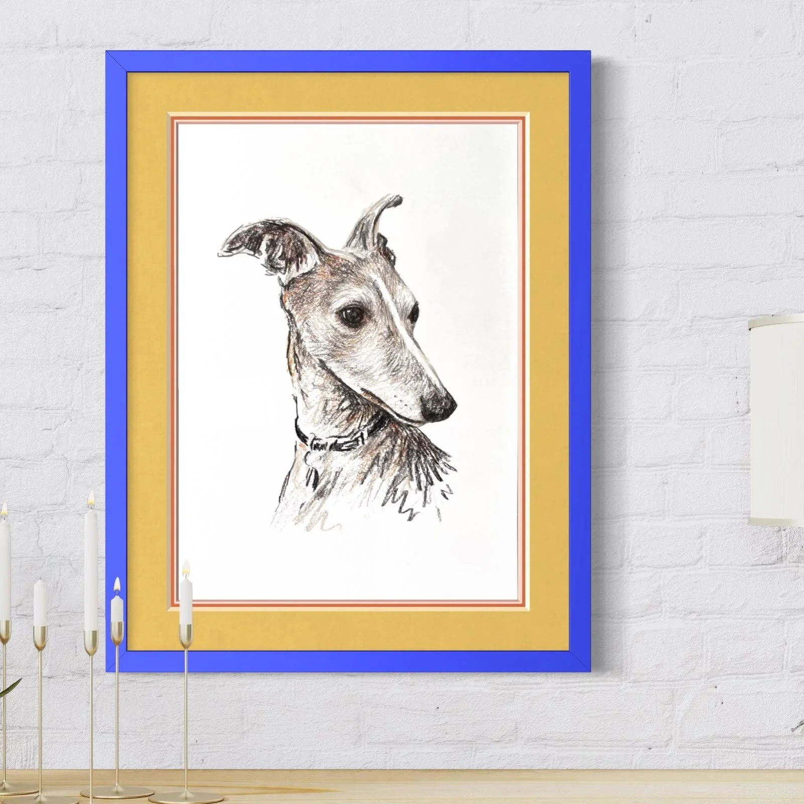 Framed whippet portrait drawing on wall in modern home close up