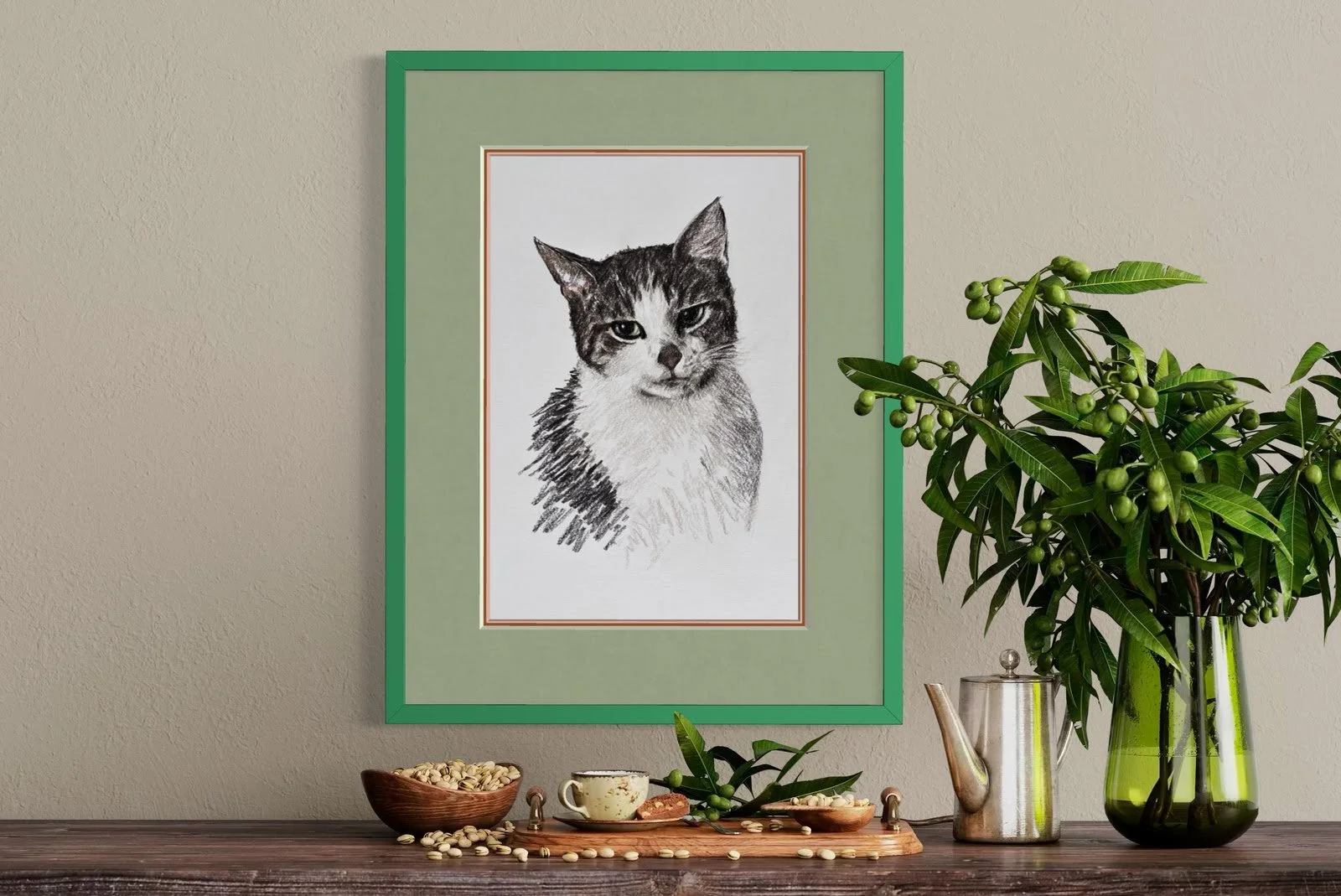 Framed cat drawing on wall in modern home