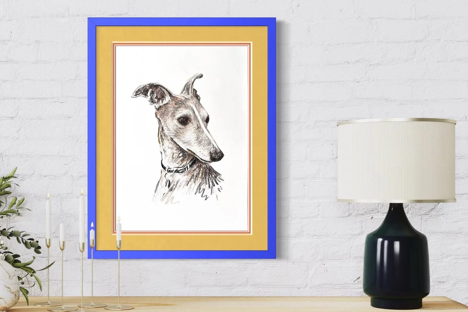 Framed whippet portrait drawing on wall in modern home